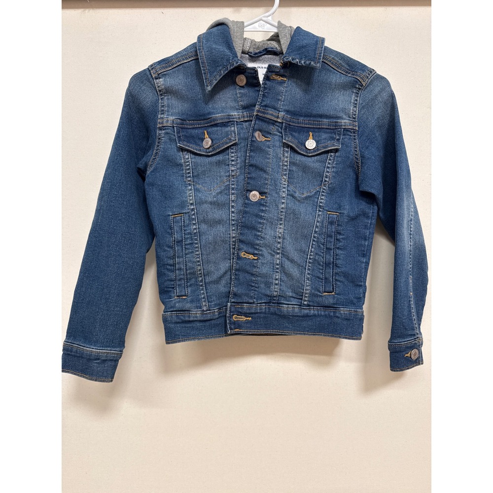 Old Navy Boys Medium 8 Denim Jacket with Grey Fleece Hood Blue Jean Trucker
